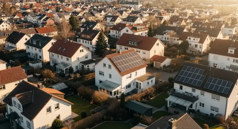 Aerial drone view of typical German residential neighborhood with mixed roof types, red and dark roof tiles, gardens visible, sunny day