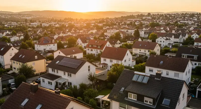 Aerial drone view of typical German residential neighborhood with mixed roof types, red and dark roof tiles, gardens visible, sunny day
