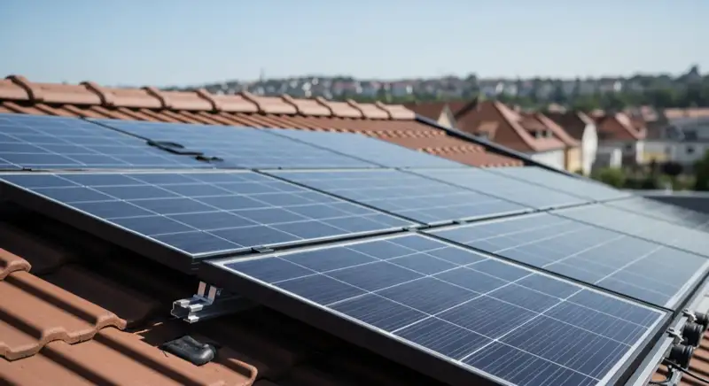 Installateur montiert Solarmodule auf Dach eines Stuttgarter Hauses mit Blick auf die Innenstadt