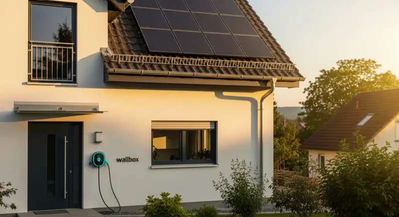 Moderne Wallbox an Stuttgarter Einfamilienhaus mit Photovoltaikanlage auf dem Dach für intelligente PV-Strom Nutzung