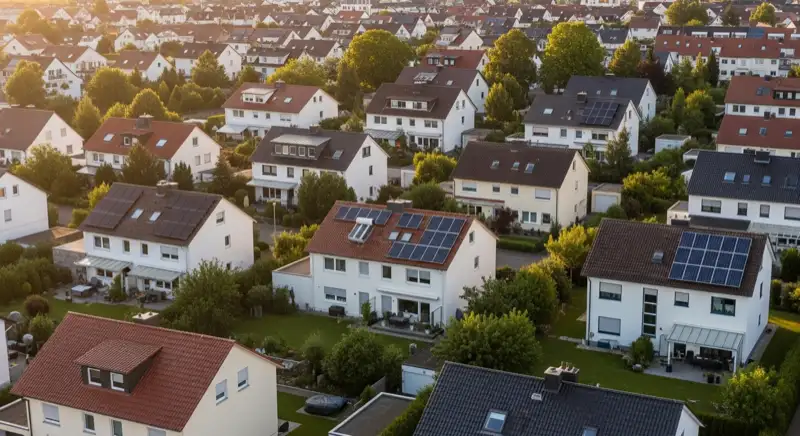 Aerial drone view of typical German residential neighborhood with mixed roof types, red and dark roof tiles, gardens visible, sunny day