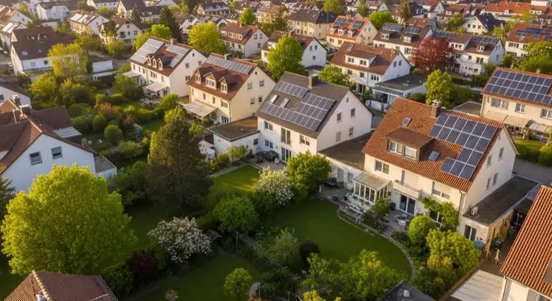Aerial drone view of typical German residential neighborhood with mixed roof types, red and dark roof tiles, gardens visible, sunny day