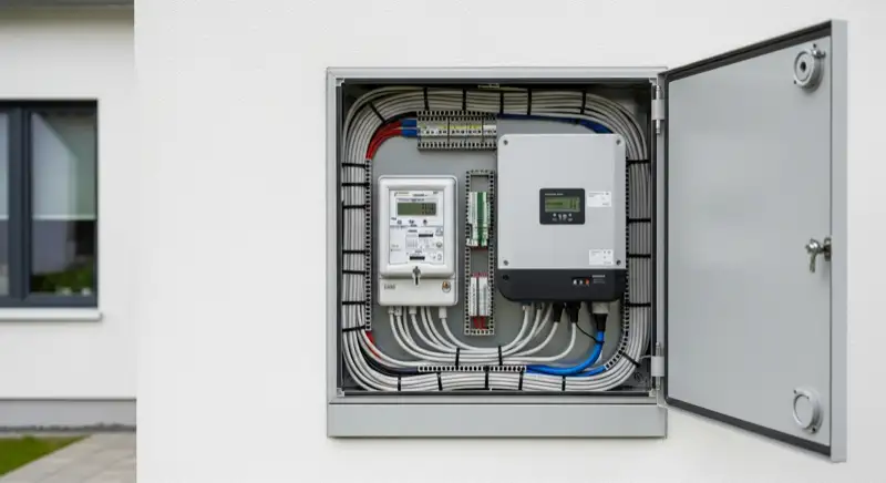 Modern German electrical meter cabinet (Zählerschrank) with smart meter and solar inverter connection, clean technical installation