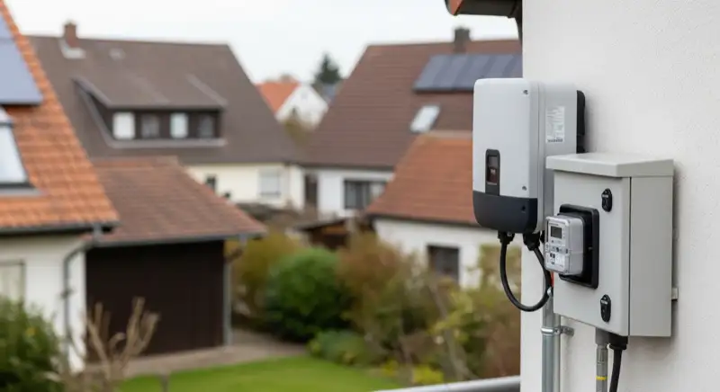 Modern German electrical meter cabinet (Zählerschrank) with smart meter and solar inverter connection, clean technical installation