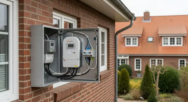 Modern German electrical meter cabinet (Zählerschrank) with smart meter and solar inverter connection, clean technical installation