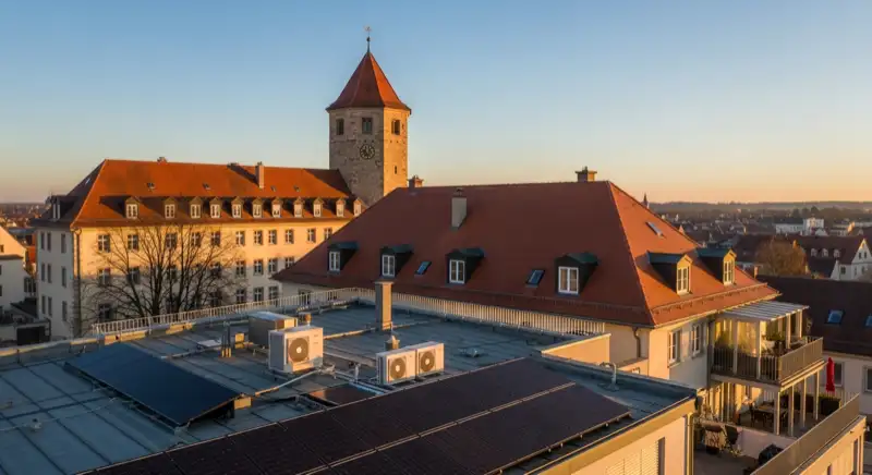 Historische Dachlandschaft nahe Schloss Hartenfels in Torgau mit roten Ziegeldächern