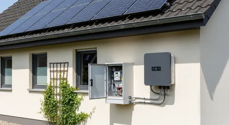 Modern German electrical meter cabinet (Zählerschrank) with smart meter and solar inverter connection, clean technical installation