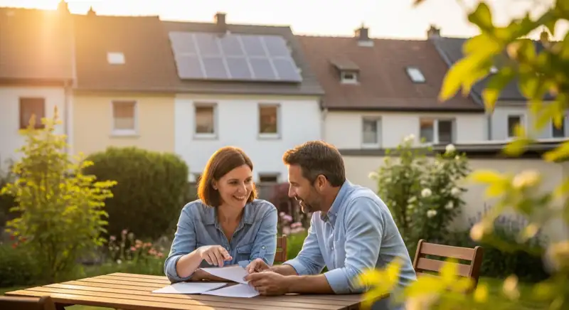 Facharbeiter bei der Montage von Solarmodulen auf einem Einfamilienhaus in Trier mit grüner Umgebung