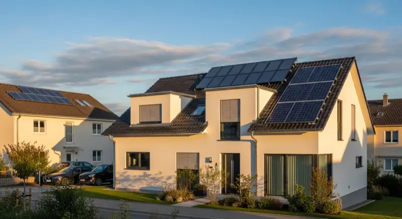 Modernes Einfamilienhaus in Ulm mit Solaranlage, warmes Morgenlicht, realistischer Vorstadtstil