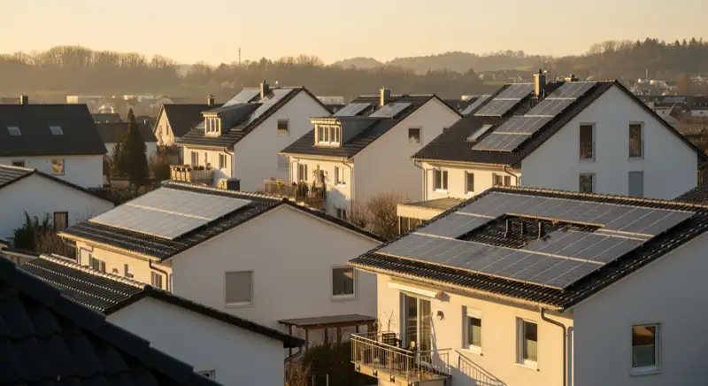 Einfamilienhäuser im Eselsberg-Quartier Ulm mit modernen Photovoltaikanlagen auf den Dächern