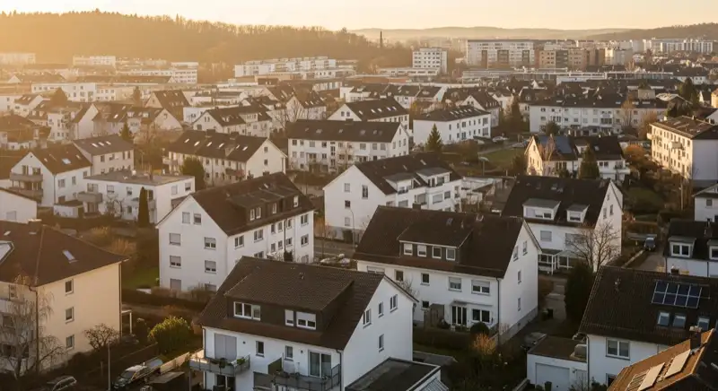 Wohngebiete in Ulm mit verschiedenen Bauformen, typische Einfamilienhäuser und Dachstrukturen aus der Luft