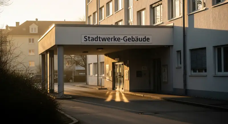 Blick auf das Stadtwerke-Gebäude in Ulm mit Service-Eingang, lokale Versorgeratmosphäre