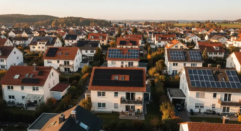 Aerial drone view of typical German residential neighborhood with mixed roof types, red and dark roof tiles, gardens visible, sunny day