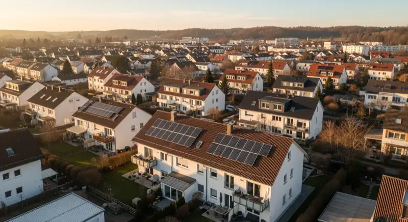 Aerial drone view of typical German residential neighborhood with mixed roof types, red and dark roof tiles, gardens visible, sunny day