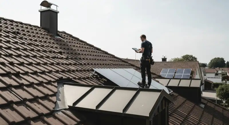 Solarinstallateur vermisst Dach in Villingen-Schwenningen mit Messgerät und Tablet