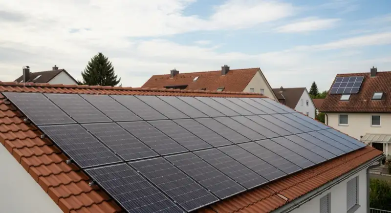 Techniker bei Wartungsarbeiten an Solaranlage auf Villinger Hausdach