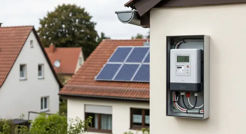 Modern German electrical meter cabinet (Zählerschrank) with smart meter and solar inverter connection, clean technical installation