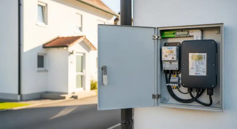 Modern German electrical meter cabinet (Zählerschrank) with smart meter and solar inverter connection, clean technical installation