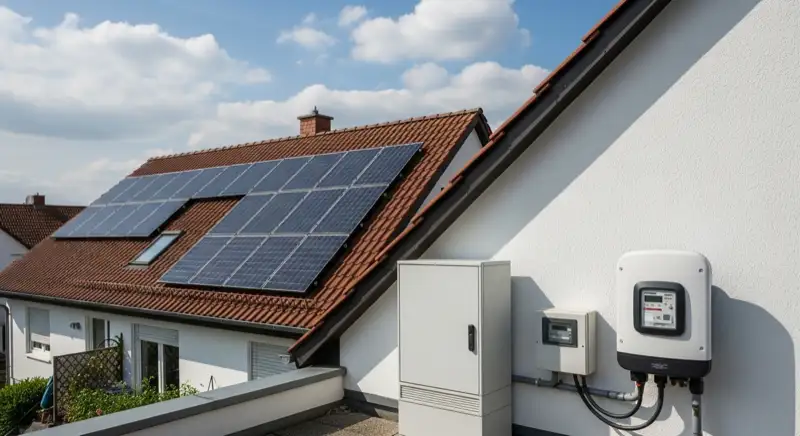 Modern German electrical meter cabinet (Zählerschrank) with smart meter and solar inverter connection, clean technical installation
