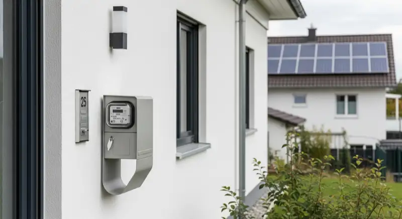 Modern German electrical meter cabinet (Zählerschrank) with smart meter and solar inverter connection, clean technical installation