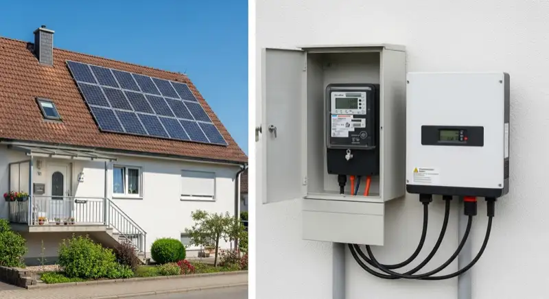 Modern German electrical meter cabinet (Zählerschrank) with smart meter and solar inverter connection, clean technical installation