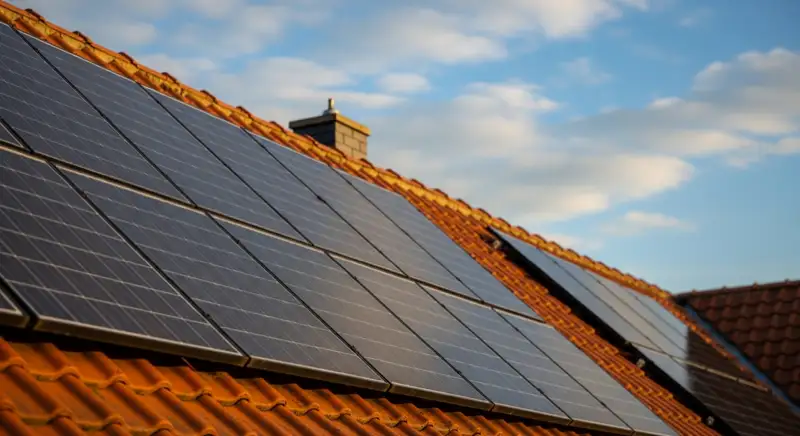 Close-up of photovoltaic solar panels installed on a traditional German Satteldach (gabled roof), blue sky with some clouds