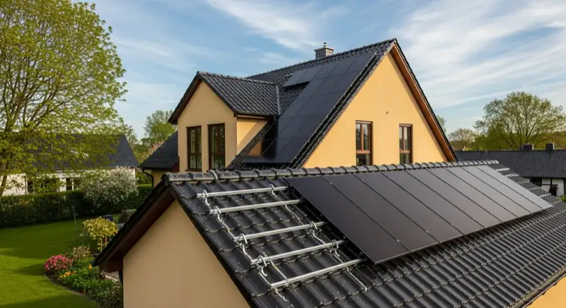 Installateur befestigt Dachhaken auf einem geneigten Hausdach in Warstein