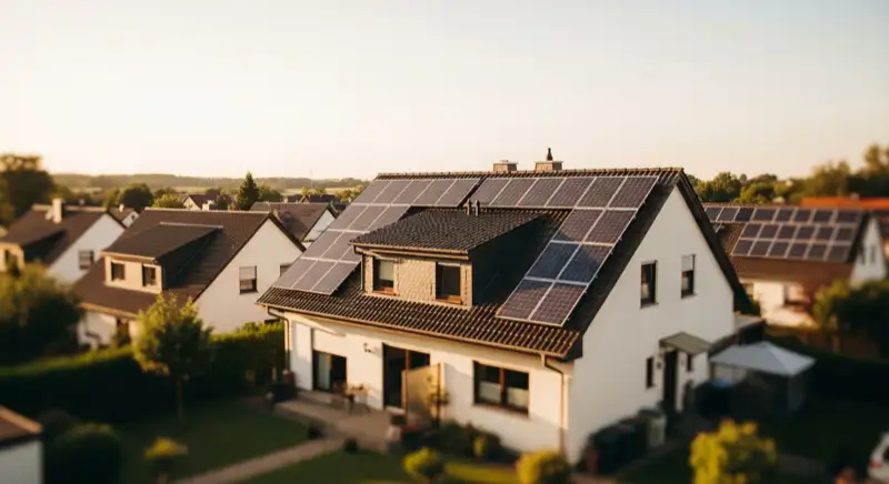 German detached house (Einfamilienhaus) with photovoltaic panels on pitched roof, well-maintained garden, warm afternoon sunlight