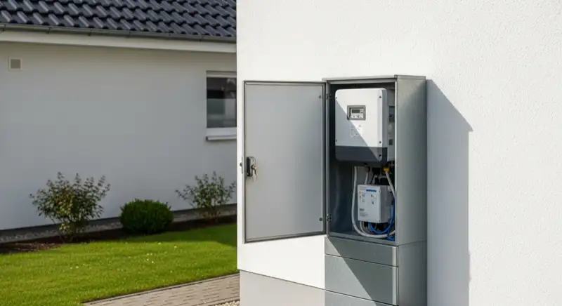 Modern German electrical meter cabinet (Zählerschrank) with smart meter and solar inverter connection, clean technical installation