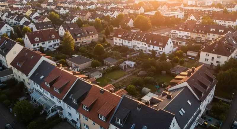 Aerial drone view of typical German residential neighborhood with mixed roof types, red and dark roof tiles, gardens visible, sunny day