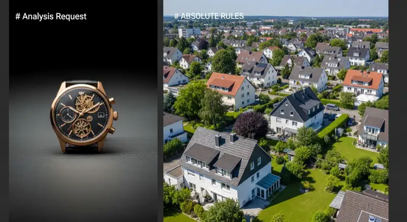Aerial drone view of typical German residential neighborhood with mixed roof types, red and dark roof tiles, gardens visible, sunny day