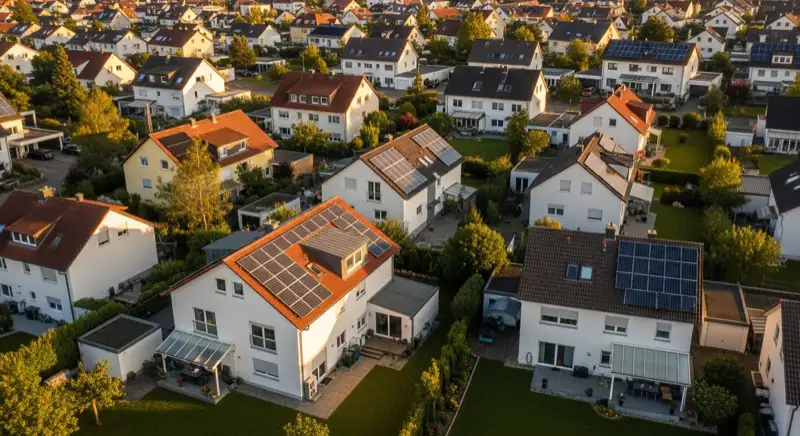 Aerial drone view of typical German residential neighborhood with mixed roof types, red and dark roof tiles, gardens visible, sunny day