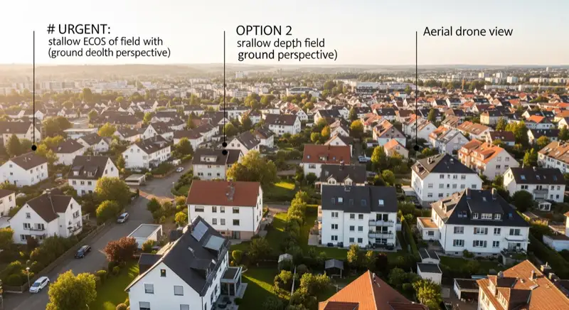 Aerial drone view of typical German residential neighborhood with mixed roof types, red and dark roof tiles, gardens visible, sunny day