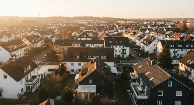 Aerial drone view of typical German residential neighborhood with mixed roof types, red and dark roof tiles, gardens visible, sunny day