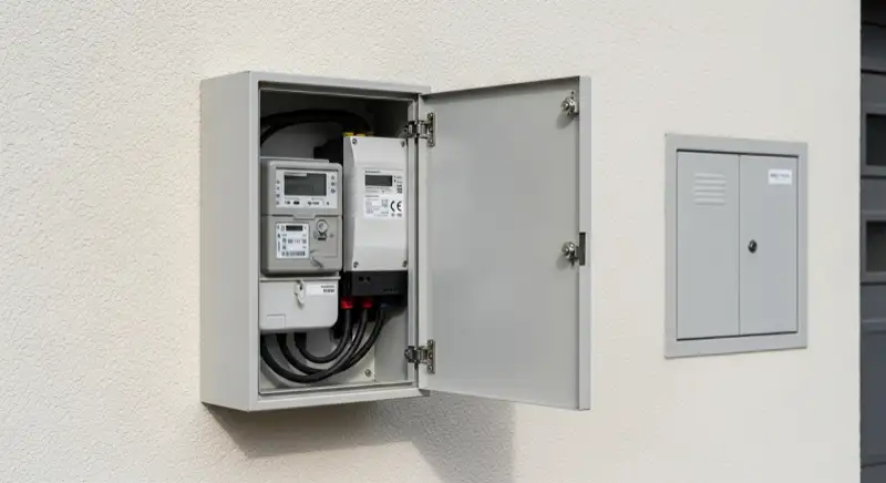 Modern German electrical meter cabinet (Zählerschrank) with smart meter and solar inverter connection, clean technical installation