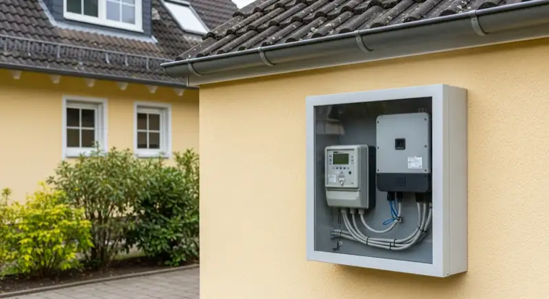 Modern German electrical meter cabinet (Zählerschrank) with smart meter and solar inverter connection, clean technical installation