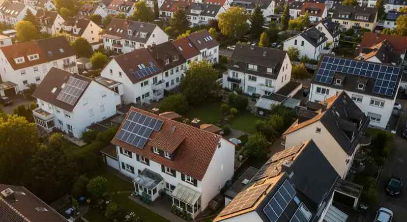 Aerial drone view of typical German residential neighborhood with mixed roof types, red and dark roof tiles, gardens visible, sunny day