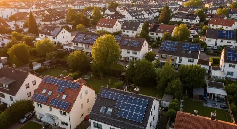 Aerial drone view of typical German residential neighborhood with mixed roof types, red and dark roof tiles, gardens visible, sunny day