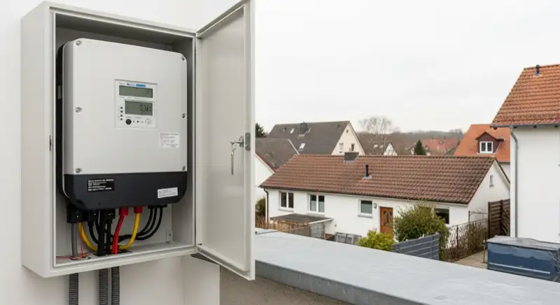 Modern German electrical meter cabinet (Zählerschrank) with smart meter and solar inverter connection, clean technical installation