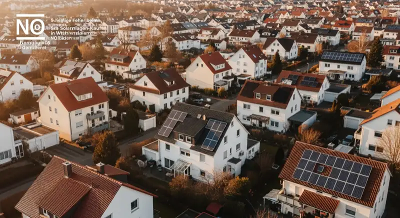 Aerial drone view of typical German residential neighborhood with mixed roof types, red and dark roof tiles, gardens visible, sunny day