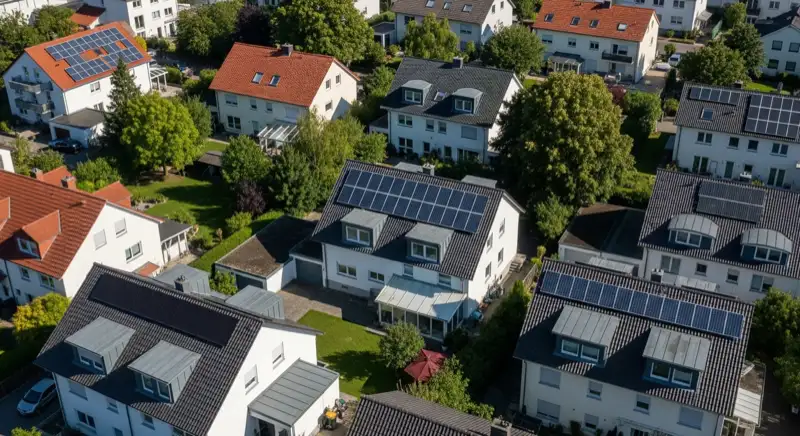 Aerial drone view of typical German residential neighborhood with mixed roof types, red and dark roof tiles, gardens visible, sunny day