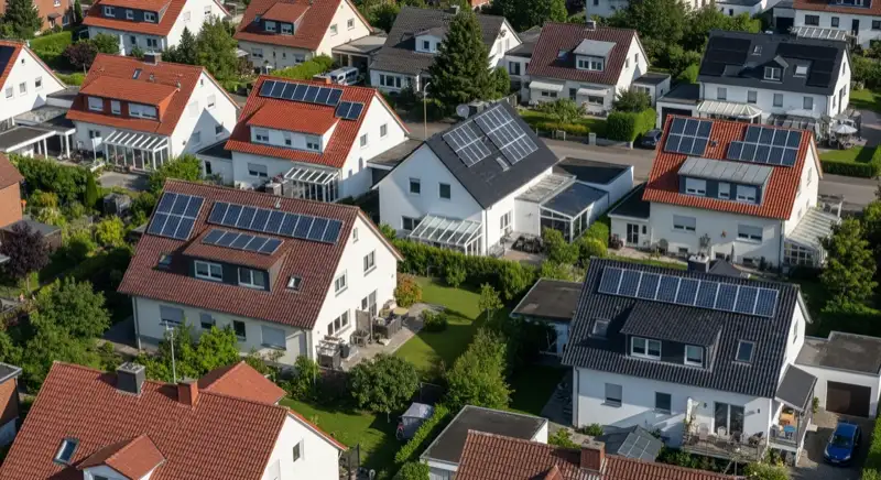 Aerial drone view of typical German residential neighborhood with mixed roof types, red and dark roof tiles, gardens visible, sunny day