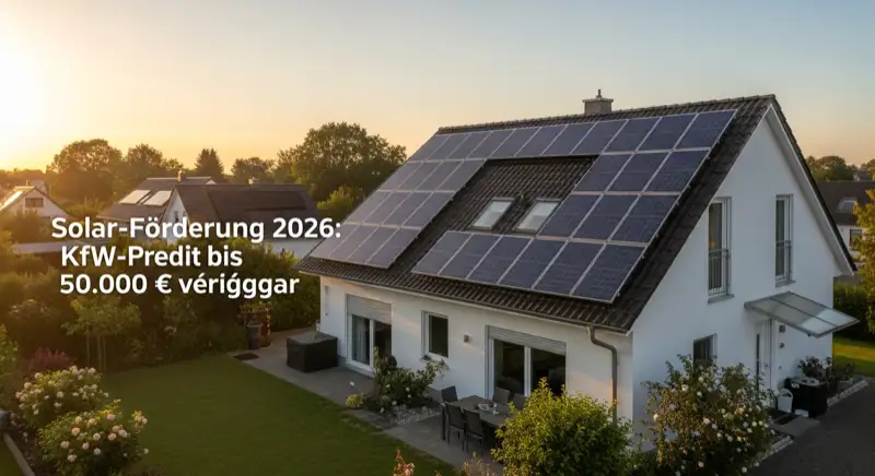 German detached house (Einfamilienhaus) with photovoltaic panels on pitched roof, well-maintained garden, warm afternoon sunlight