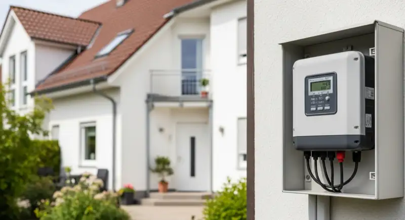 Modern German electrical meter cabinet (Zählerschrank) with smart meter and solar inverter connection, clean technical installation