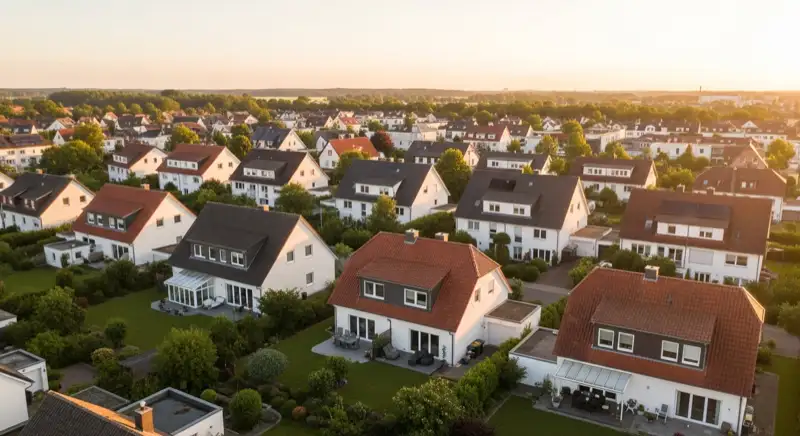 Aerial drone view of typical German residential neighborhood with mixed roof types, red and dark roof tiles, gardens visible, sunny day