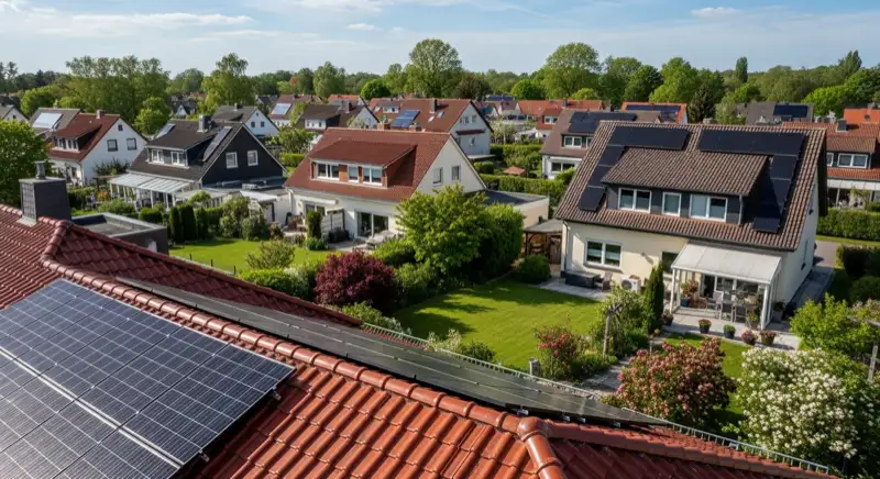 Aerial drone view of typical German residential neighborhood with mixed roof types, red and dark roof tiles, gardens visible, sunny day