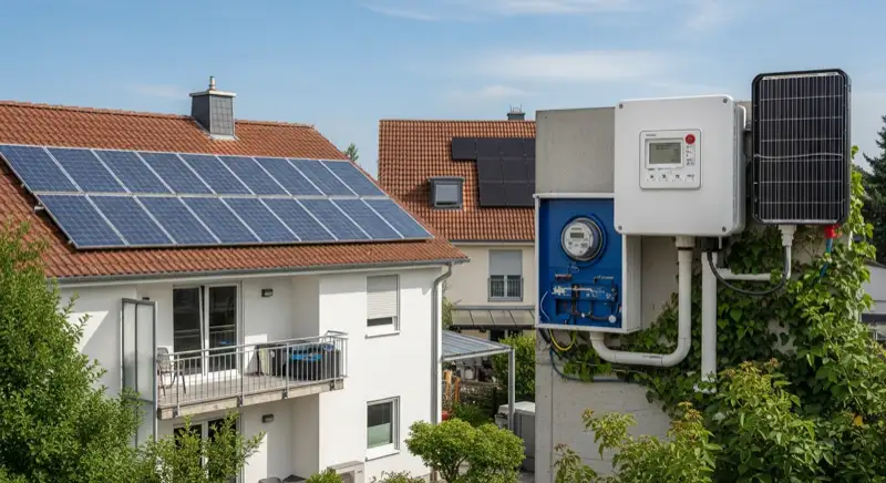 Modern German electrical meter cabinet (Zählerschrank) with smart meter and solar inverter connection, clean technical installation
