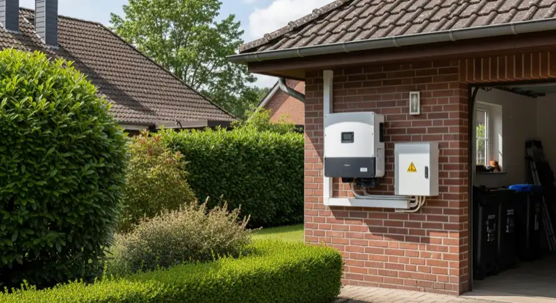 Modern solar inverter mounted on garage wall next to electrical panel, clean professional installation, natural daylight