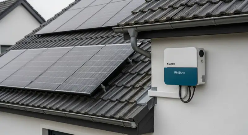 Wallbox an einem Einfamilienhaus in Wolgast mit Solarmodulen auf dem Dach