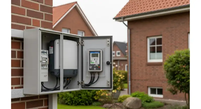 Modern German electrical meter cabinet (Zählerschrank) with smart meter and solar inverter connection, clean technical installation